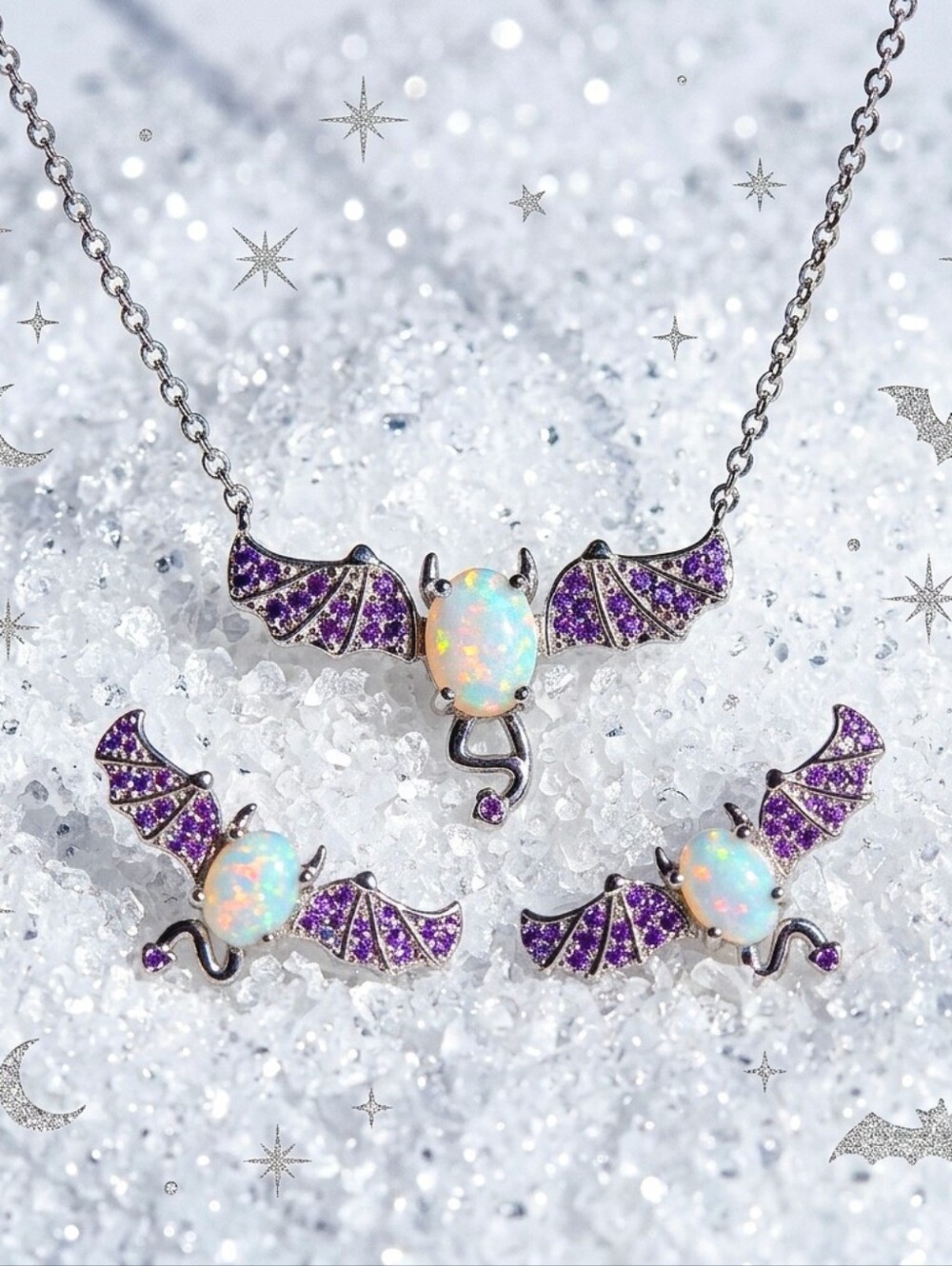 Silver plated purple crystal opalescent stone bat necklace earrings set